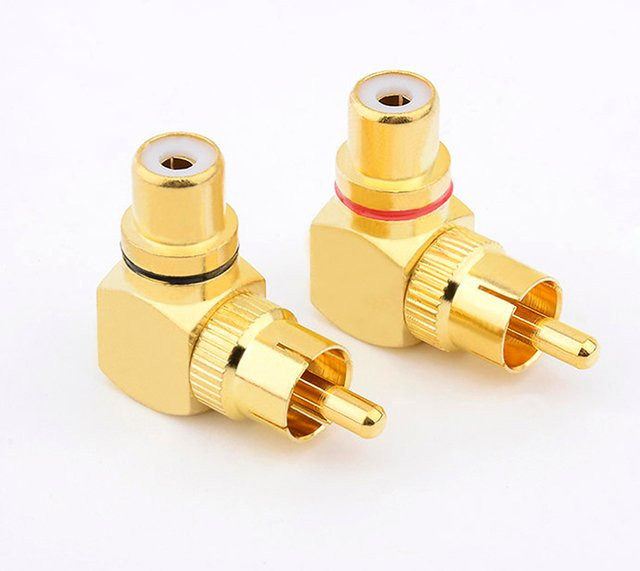 JCD RCA Lotus Adapter Set aus Messing in Schwarz und Gold, 90 Grad L-Winkel Stecker auf Buchse für AV-Audiokabel - Bild 1