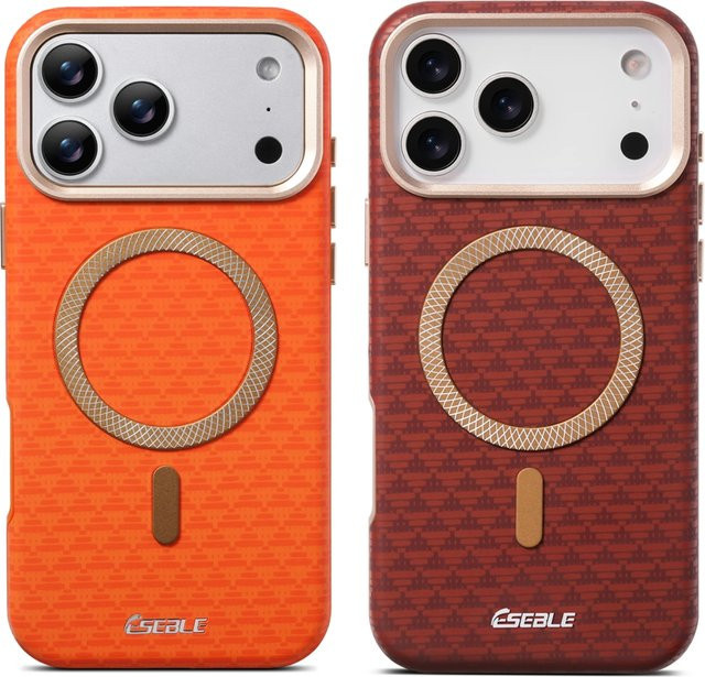 Aierkeba MagSafe Magnetische Lederhülle für iPhone 17 Pro Max und iPhone 17 Pro mit Fasertextur in Schwarz und Orange - Bild 1