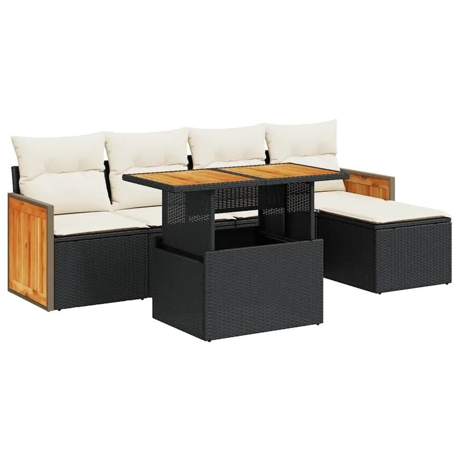 vidaXL 6-teilige Garten-Sofagarnitur aus Poly-Rattan und Akazienholz in Schwarz mit Kissen - Bild 2