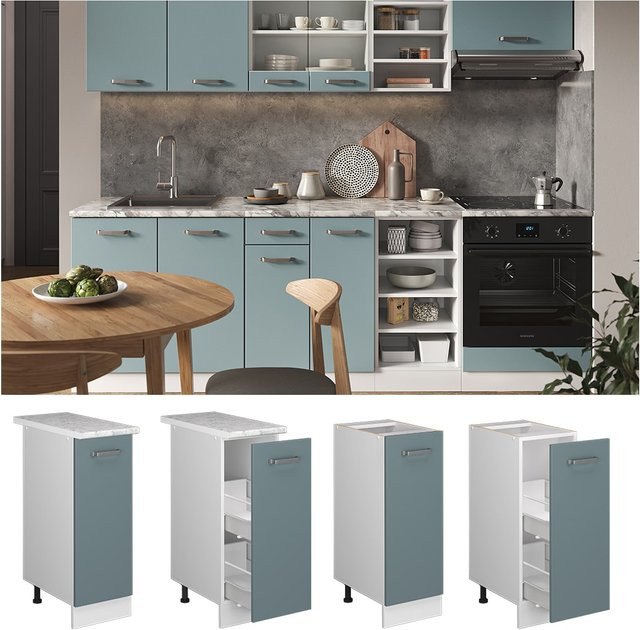 Vicco Apothekerunterschrank R-Line Küchenschrank mit Marmor-Arbeitsplatte, Weiß/Blau/Grau, B: 30 cm, H: 81,6 cm, T: 20,23 cm - Bild 1