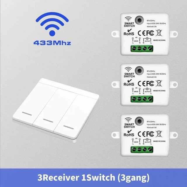 YJMP Drahtloser Smart Home Lichtschalter mit 433MHz Fernbedienung und 3 Receivern für LED Lampen, 1/2/3fach Wand Schalter Set - Bild 1