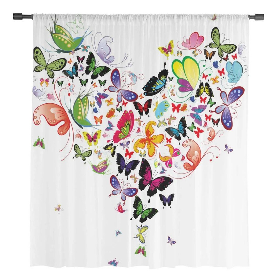 Yiran Furniture Chiffon-Vorhang mit Schmetterlings-Design in Weiß, transparent, B: 135 cm, H: 245 cm - Bild 1
