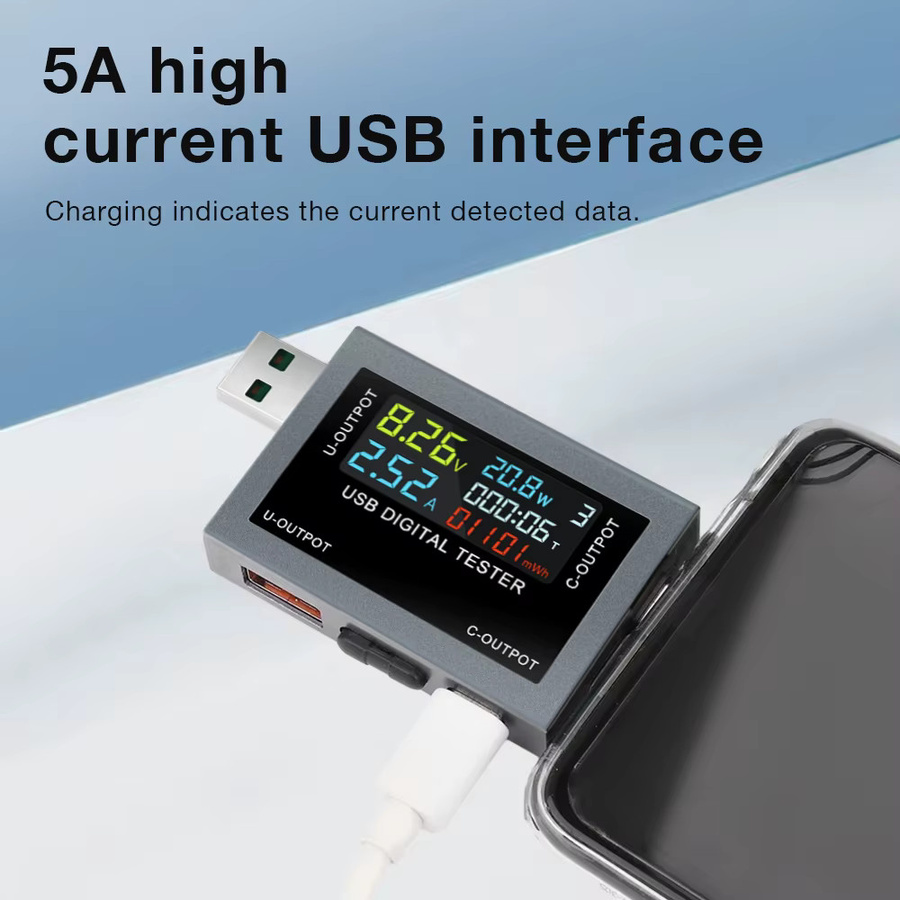 USB Typ-C Tester DC4-30V Digitales Voltmeter und Amperemeter zur Messung von Spannung, Strom und Leistung sowie zur Prüfung der Batteriekapazität in Schwarz und Grau - Bild 3