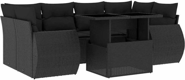 vidaXL 7-teilige Garten-Sofagarnitur in L-Form aus schwarzem Poly-Rattan mit Kissen und pulverbeschichtetem Stahlgestell - Bild 1