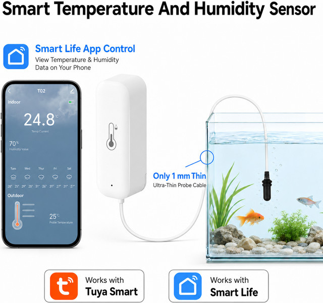 RightSitu Tuya Smart WiFi Zigbee Temperatur- und Feuchtigkeitssensor mit externer Sonde, digitales Hygrometer-Thermometer in Weiß, kompatibel mit Alexa und Google - Bild 1