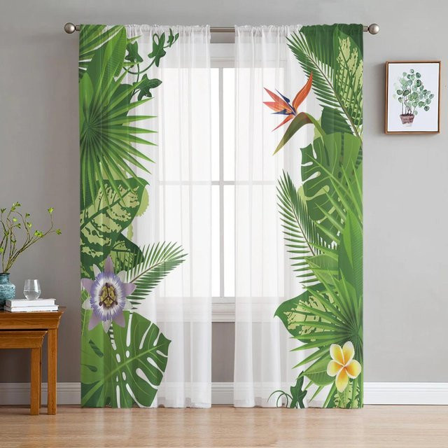Yiran Furniture Transparent Voile-Organza-Fenstervorhang mit tropischem Dschungel-Blumenmuster in Grün, Breite: 135 cm, Höhe: 115 cm - Bild 1