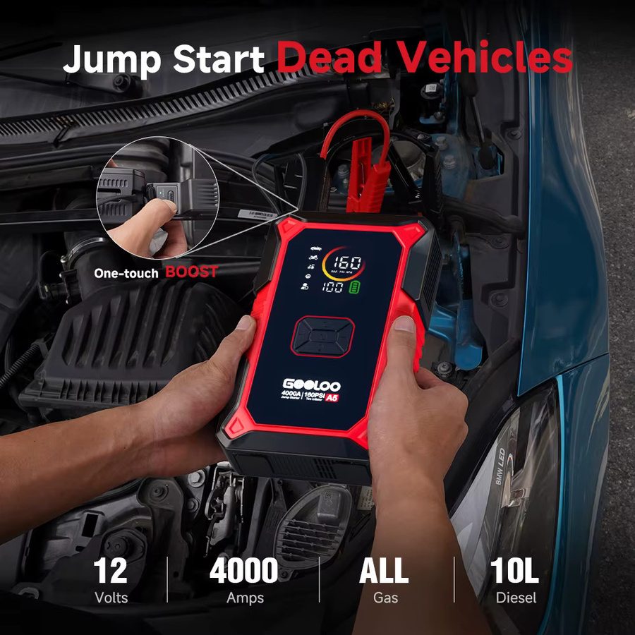 GOOLOO A5 Tragbare Auto-Starthilfe-Powerbank mit 160PSI Luftpumpe und 4000A Batterie-Booster für 12V Fahrzeuge in Schwarz - Bild 3