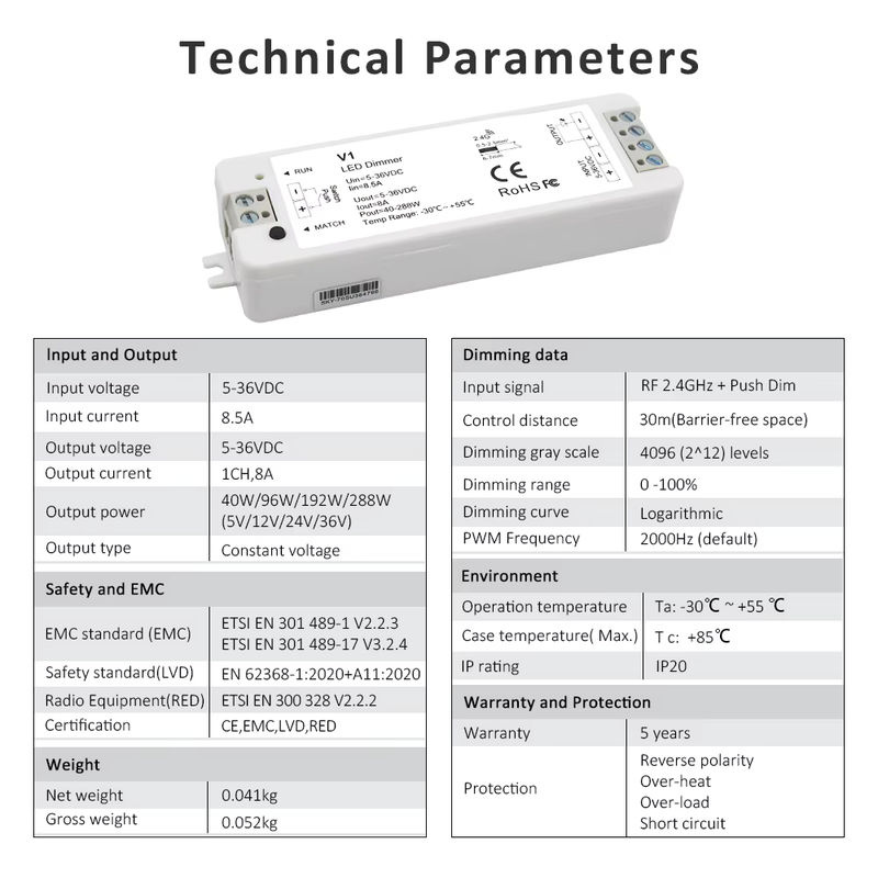 MJJC V1 LED-Dimmer für einfarbige Streifenleuchten mit 4-Zonen-Touchpanel und Fernbedienung, Schwarz, DC 5V 12V 24V 36V - Bild 2