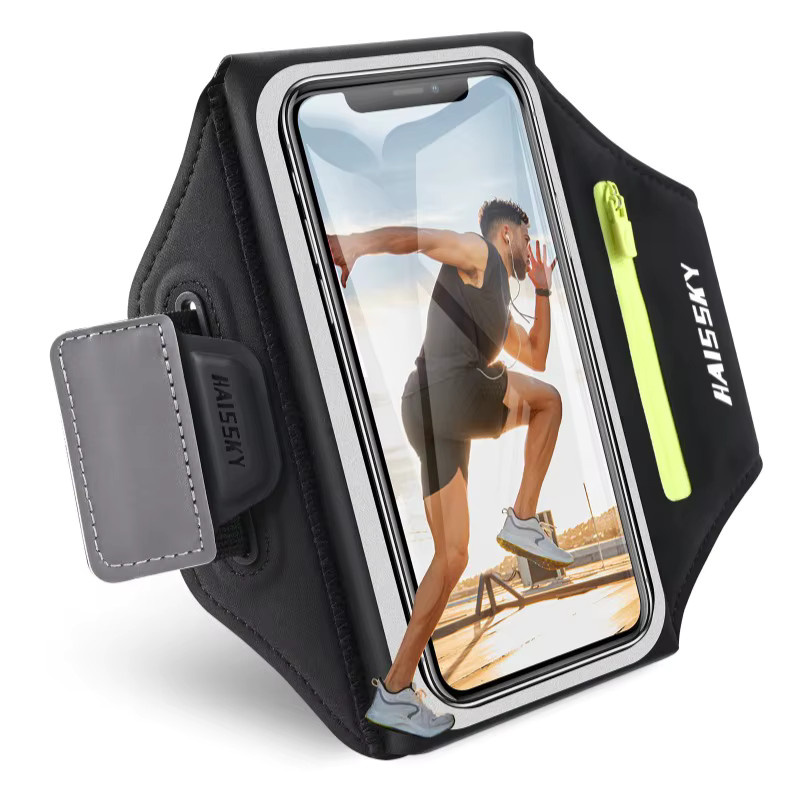Haissky Lauf-Sportarmband mit Reißverschlusstasche und Touchscreen-Funktion für iPhone 17 16 15 14 13 Pro Max Air Plus, Farben: Grau und Schwarz - Bild 2