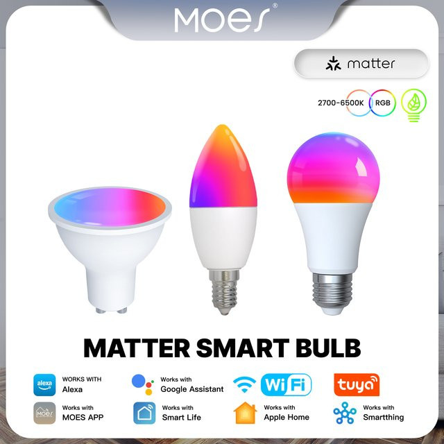 MOES Tuya Matter WiFi Smart Bulb LED-Licht mit 16 Millionen RGB C+W Farben, dimmbar, kompatibel mit Alexa und Google Home, Multicolor - Bild 1