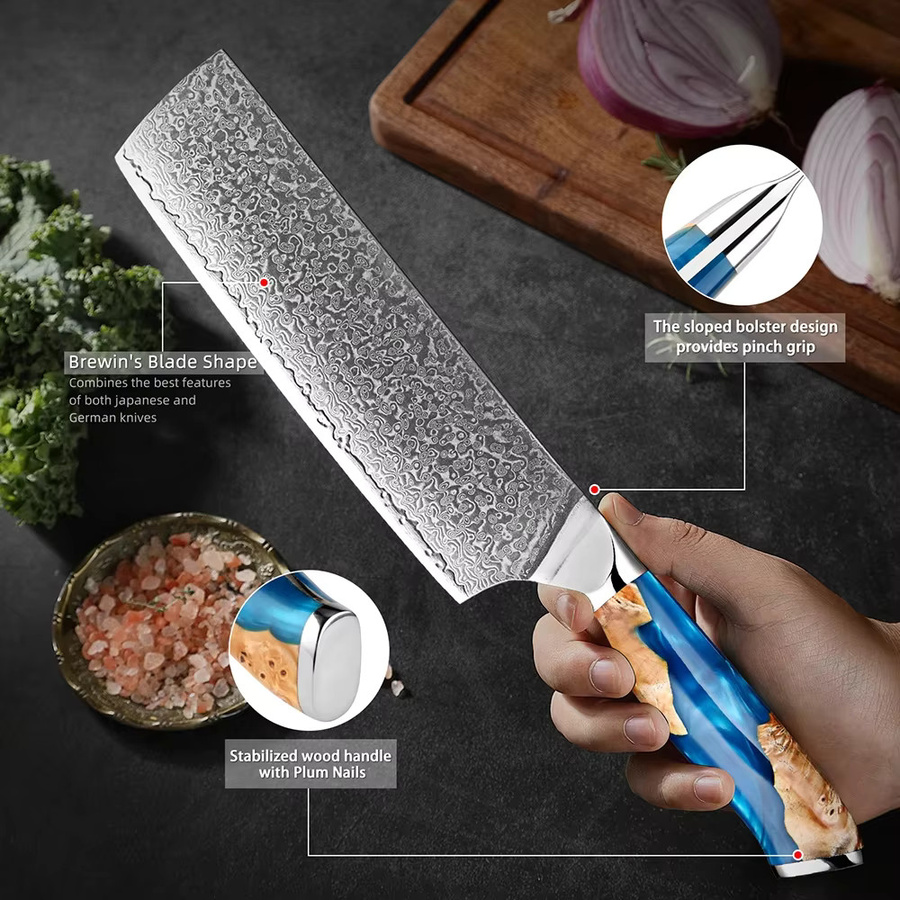 Xituo Japanisches Nakiri Gemüsemesser aus Damaststahl mit blauem Holzgriff, 17,78 cm - Bild 2