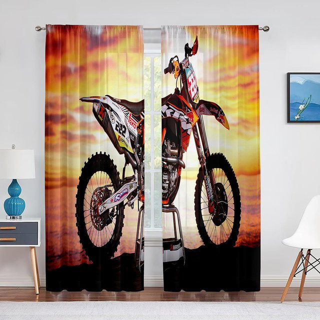 Motocross Dirt Bike Vorhänge für Jungen und Männer, 2-teiliges Set mit Grafik-Design, halbtransparent, Polyester, B/H: 100 x 160 cm - Bild 1