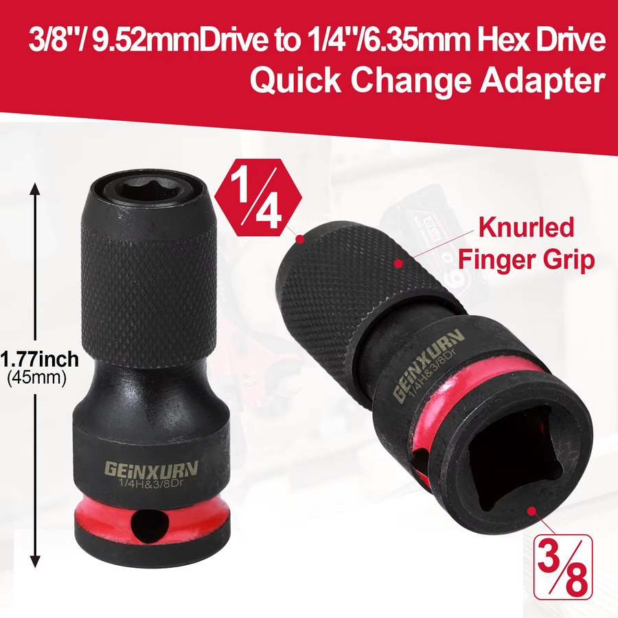 Geinxurn Schlagschrauber-Bithalter Adapter von 3/8 Zoll Vierkantantrieb auf 1/4 Zoll Innensechskant Schnellspanner in Schwarz - Bild 3