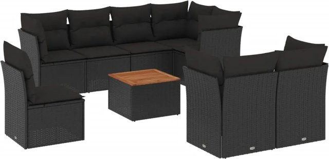 vidaXL 9-tlg Garten-Sofagarnitur aus Poly-Rattan und Akazienholz in Schwarz und Braun mit Kissen - Bild 1