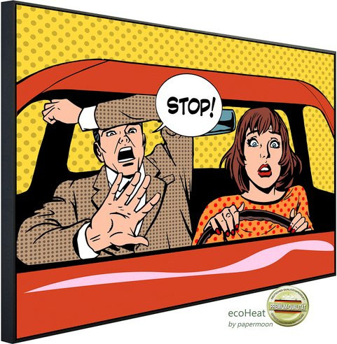 papermoon EcoHeat Infrarotheizung Comic Menschen im Auto, bunt mit Matt-Effekt, App-Steuerung und Überhitzungsschutz - Bild 1