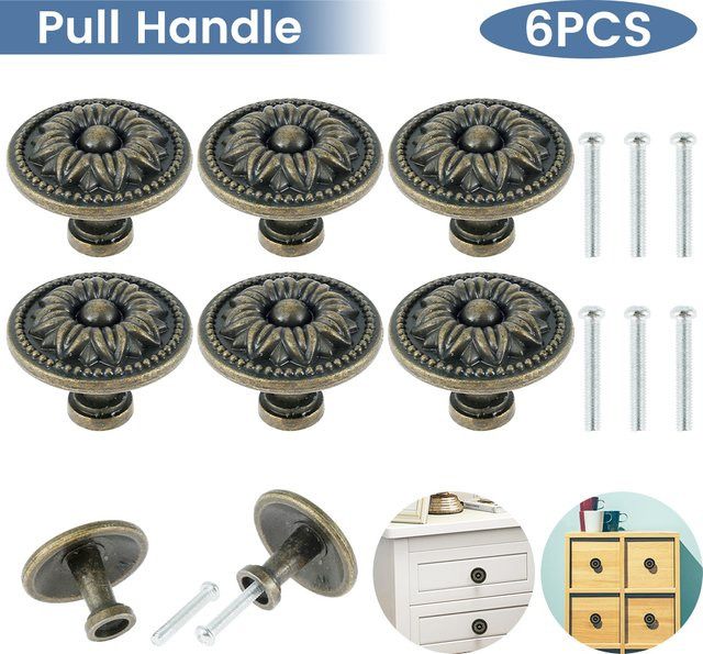6-teiliges Vintage-Schrankknöpfe-Set aus Zinklegierung in Antik-Bronze, runde Möbelknäufe für Kommoden und Schranktüren - Bild 1