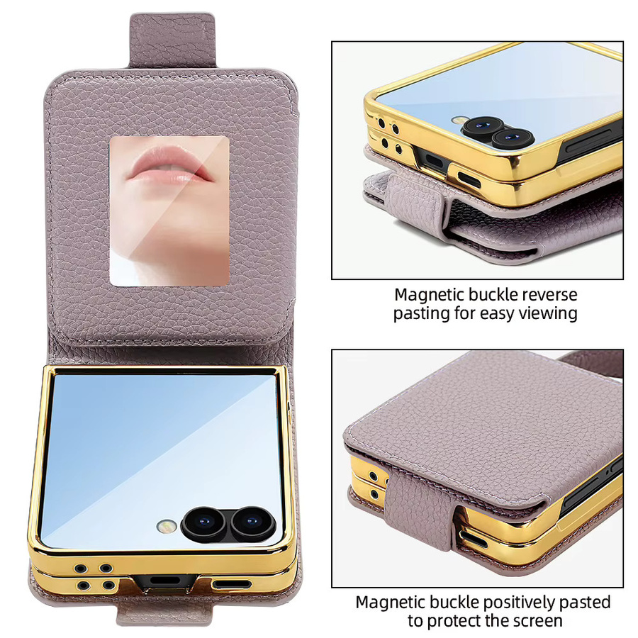 VIETAO Handyhülle für Samsung Galaxy Z Flip 8 7 6 5 4 3 mit Schminkspiegel, Schleifenband und Handriemen aus plattiertem PU-Leder in Grün - Bild 2