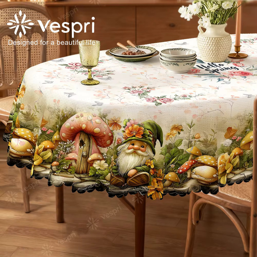 Vespri Florale Pastell-Oster-Tischdecke in Weiß-Gelb mit Gnom-, Pilz- und Blumendruck für runde Tische - Bild 2