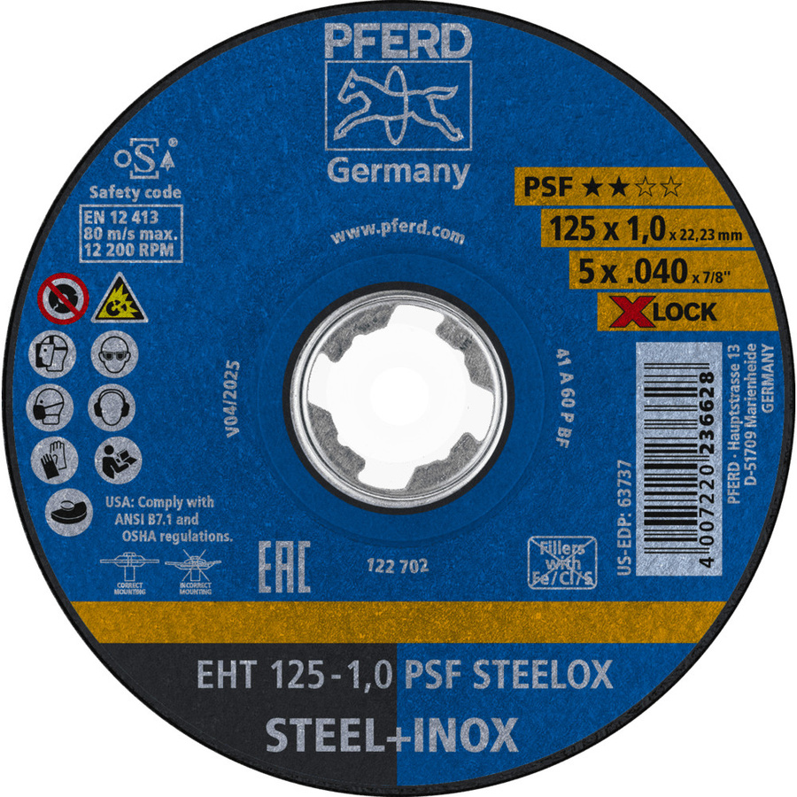 PFERD Trennscheibe PSF STEELOX X-LOCK Universallinie für Stahl und Edelstahl, Durchmesser: 125 mm, Dicke: 1 mm, Farbe: Blau - Bild 1