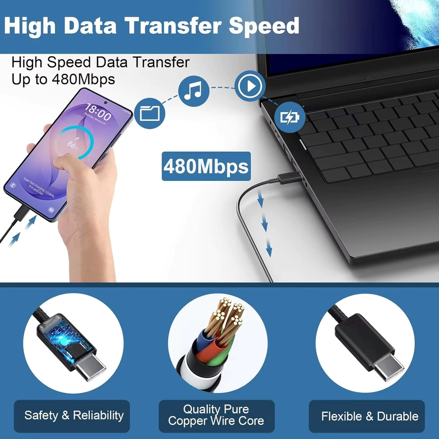 NNBILI USB-C Ladekabel 45W in Schwarz für Samsung Galaxy S22 S23 S24 S25 Ultra Note 10 20 A53 A54 als Superschnelles Typ C Datenkabel (1er-Pack oder 5er-Pack) - Bild 3