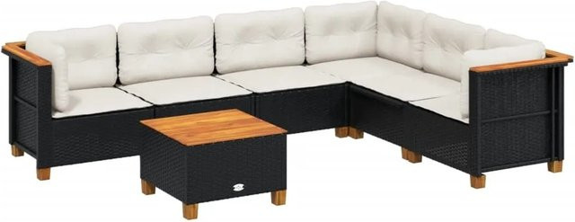 vidaXL 7-tlg Garten-Sofagarnitur aus Poly-Rattan und Akazienholz in Schwarz mit cremeweißen Kissen Modell 262 - Bild 1