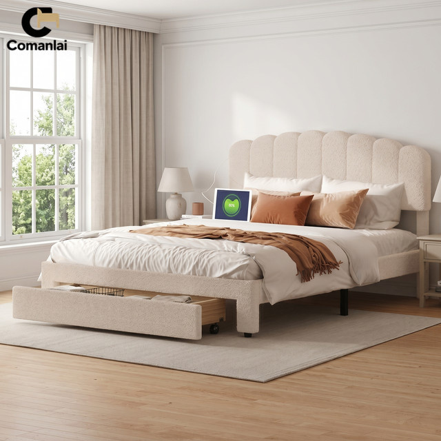 Comanlai Polster-Doppelbett mit Kopfteil aus Teddy-Samt und großer Schublade, Beige, B/T: 160 x 200 cm - Bild 1