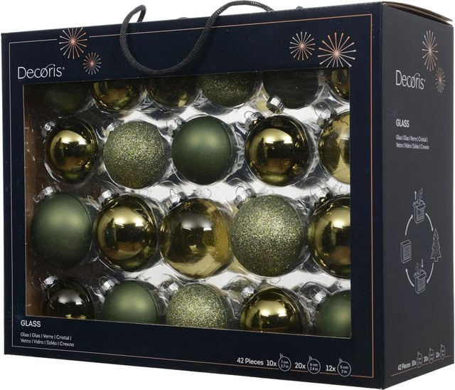 Decoris Weihnachtskugeln aus Glas in Grün und Gold, 42-teiliges Set mit 3 Größen - Bild 1
