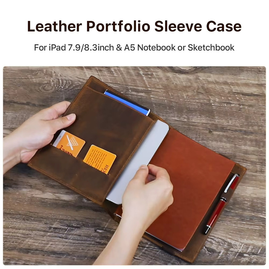 Vintage Crazy Horse Leder-Portfolio für iPad Mini und A5-Notizbuch in Braun - Bild 2