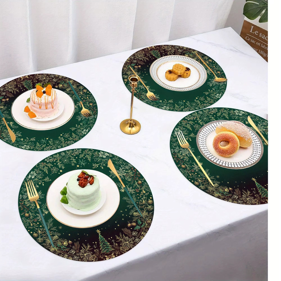 VIKAMA 4-teiliges Set Essensmatten aus Leinen mit weihnachtlichem Kiefernzweig und Schneeflocken Design, Dunkelgrün - Bild 2