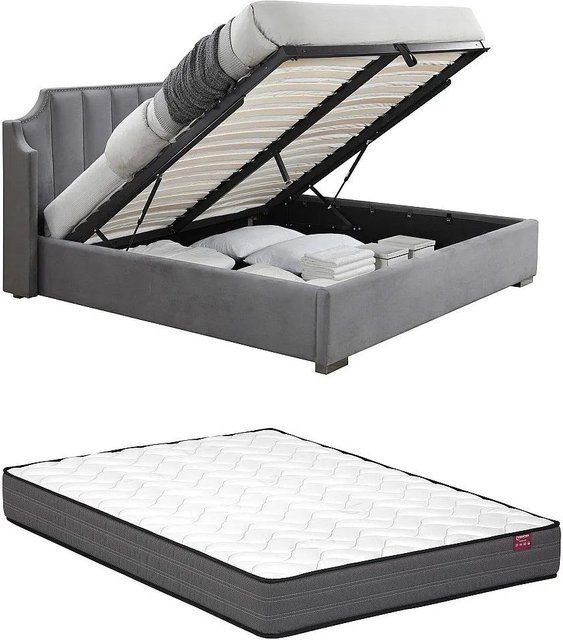 Vente-unique Bett Teomis mit Bettkasten in Hellgrau, gepolstert mit Samt, B/T/H: 180 x 200 x 204 cm - Bild 1
