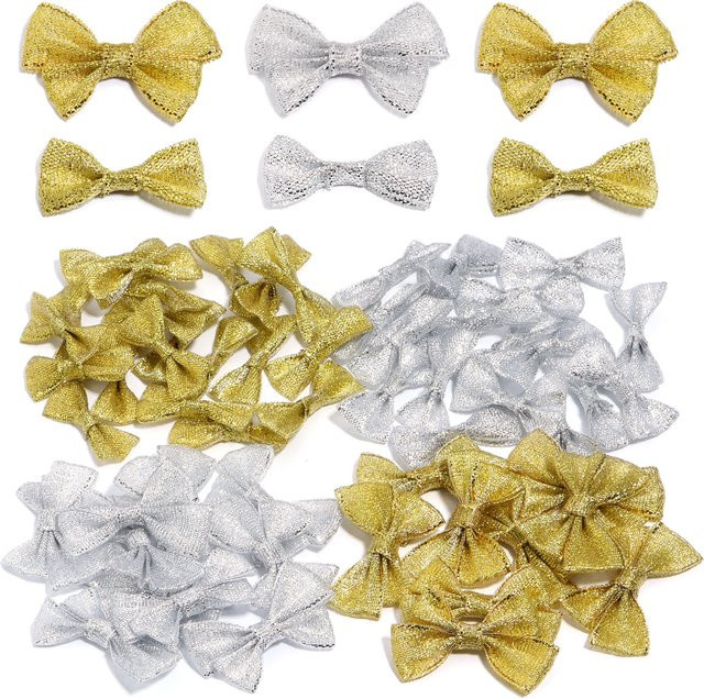 Satin Band Bögen in Gold und Silber mit Glitter für DIY Dekorationen, Hochzeiten und Geschenke - Bild 1