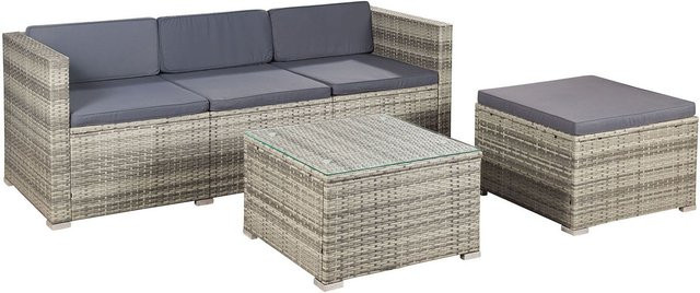 Juskys Polyrattan Gartenlounge Punta Cana M grau-meliert für 3-4 Personen mit Sofa, Tisch und Hocker sowie dunkelgrauen Bezügen - Bild 2