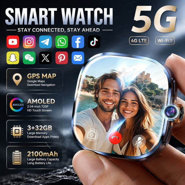 GUHUAVMI Android Smartwatch in Gold mit 32GB Speicher, WiFi 5G, Videoanruf, GPS, Google Maps und AMOLED Display sowie 2100mAh Akku - Bild 1