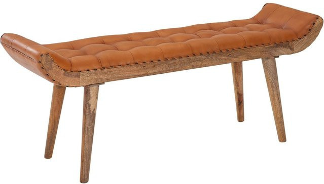 Wohnling Sitzbank aus braunem Ziegenleder im Chesterfield-Muster mit Mango Massivholz, B/H/T: 125 x 38 x 50 cm - Bild 1