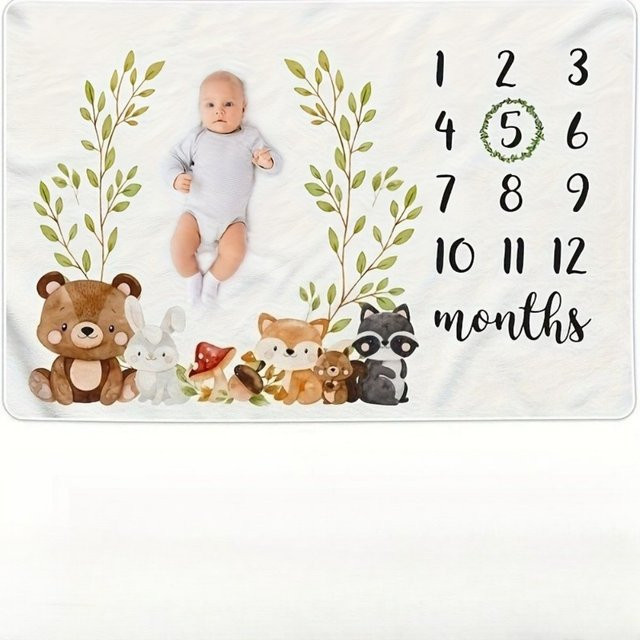 VIKAMA Baby Fotografie-Decke mit Waldtiere Cartoon-Design für Neugeborene und Meilenstein-Erinnerungen, Mehrfarbig - Bild 1