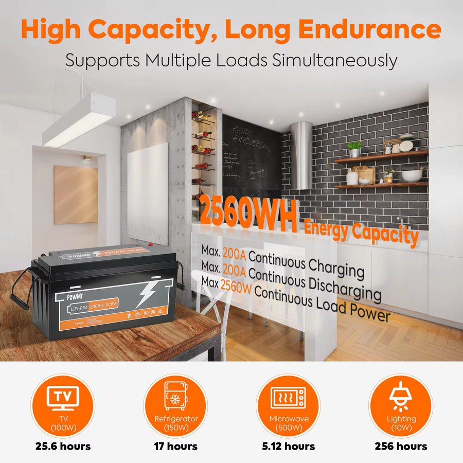 PowMr LiFePO4 Batterie 12V 200Ah 12,8V 2560Wh mit integriertem BMS und Schutzfunktionen in Schwarz - Bild 5
