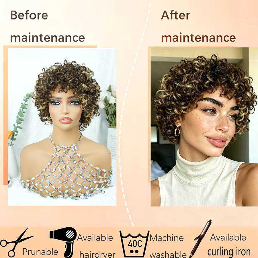 OYM HAIR Pixie-Schnitt-Perücke, 100 % Echthaar, Damen, Rosenmuster - Bild 2