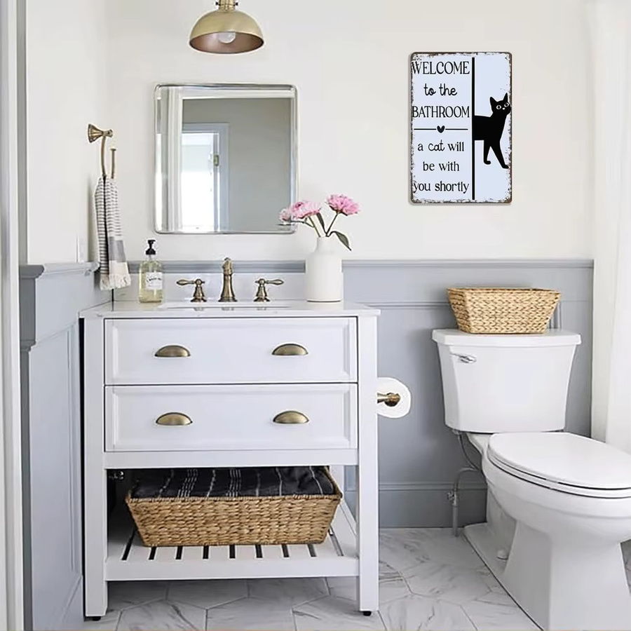 Potdemiel Metallschild Welcome To The Bathroom, A Cat Will Be With You Shortly Retro Wandkunst mit Katzenmotiv in Weiß, Breite: 20,3 cm, Höhe: 30,5 cm - Bild 4