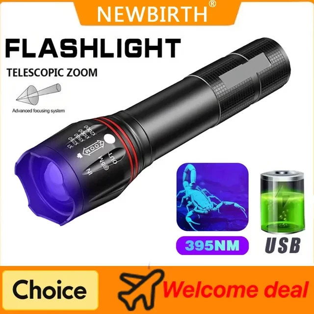 NEWBIRTH T6 LED UV Taschenlampe 395nm mit Zoomfunktion in Schwarz für EDC und Detektion von Flecken oder Skorpionen - Bild 1