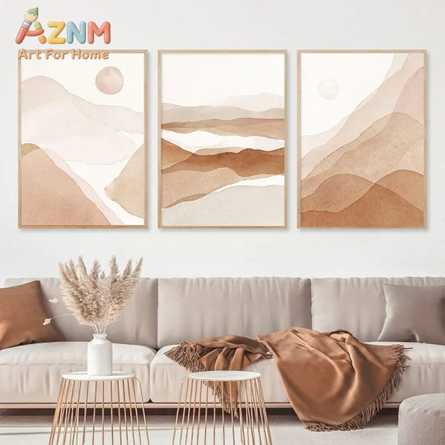 AZNM Leinwandposter Nordische Moderne Aquarell-Landschaft mit Sonnenaufgang und abstrakter Geometrie in Morandi-Stil, Farbe: Beige - Bild 1