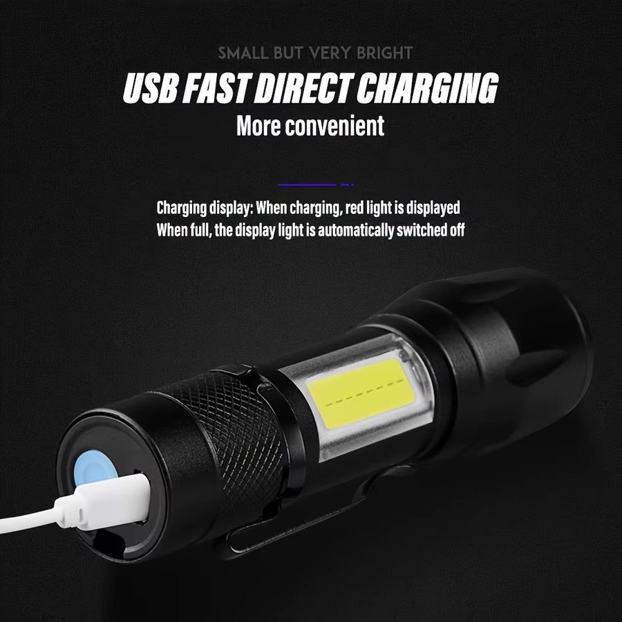 Heinast Mini LED Taschenlampe mit COB und XPE, tragbare USB-Aufladbare Camping Laterne mit Zoom und Stift-Clip, Schwarz - Bild 6