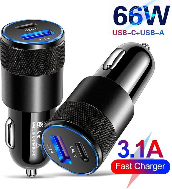 66W USB Auto Ladegerät mit USB-C Typ C Schnellladefunktion und PD Adapter in Schwarz für Xiaomi und Huawei - Bild 1