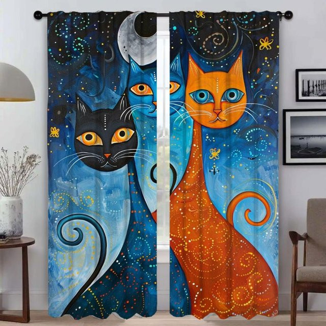 Exotische Katze Küchenvorhänge aus Tüll für Wohnzimmer und Schlafzimmer, 2er-Set, Mehrfarbig, Breite: 50 cm, Höhe: 70 cm - Bild 1