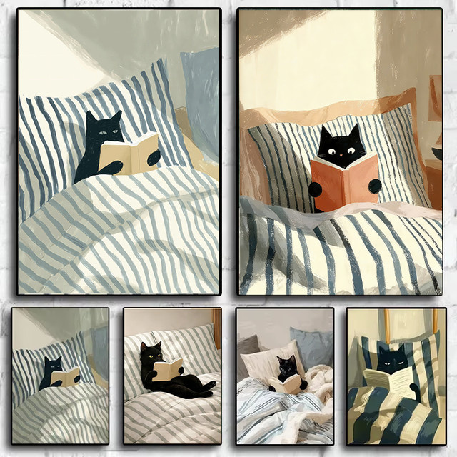SHENCHEN Wandkunst Katzen-Lese-Print mit schwarzer Katze, Illustration als Papierposter in Schwarz und Mehrfarbig - Bild 1