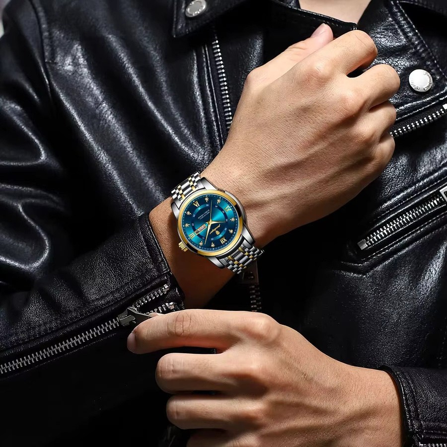 POEDAGAR Armbanduhr Edelstahl, Quarz, Datum, Wochentag, Blau, Herren - Bild 5