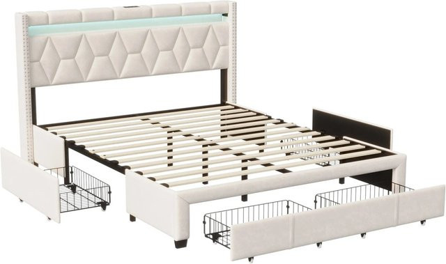 PXloue Polsterbett mit Schubladen und LED-Beleuchtung sowie USB-Anschluss, Beige, B/T/H: 160 x 200 x 108 cm - Bild 1