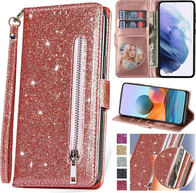 Glitzer Lederhülle mit Reißverschluss als Flip-Brieftasche für Samsung Galaxy S26 S25 S24 S23 S22 S21 S20 S10 Plus Note 20 5G in Silber - Bild 1