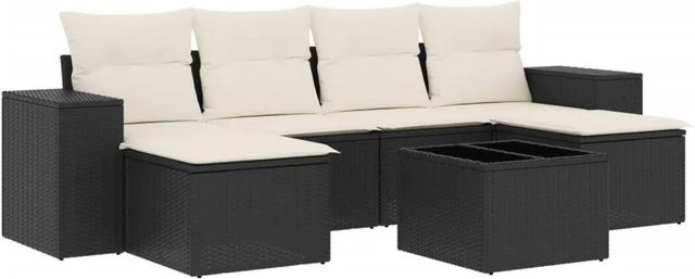 vidaXL 7-tlg. Garten-Sofagarnitur in L-Form aus Poly-Rattan mit Kissen und Ottoman in Schwarz - Bild 1