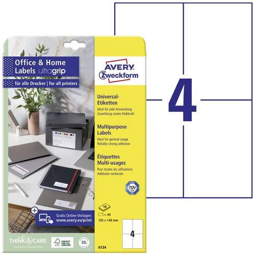 Avery Zweckform 6124 Universal-Etiketten Weiß, 40 Stück, B: 10,5 cm, H: 14,8 cm, permanent haftend für Tintenstrahldrucker und Laserdrucker - Bild 1