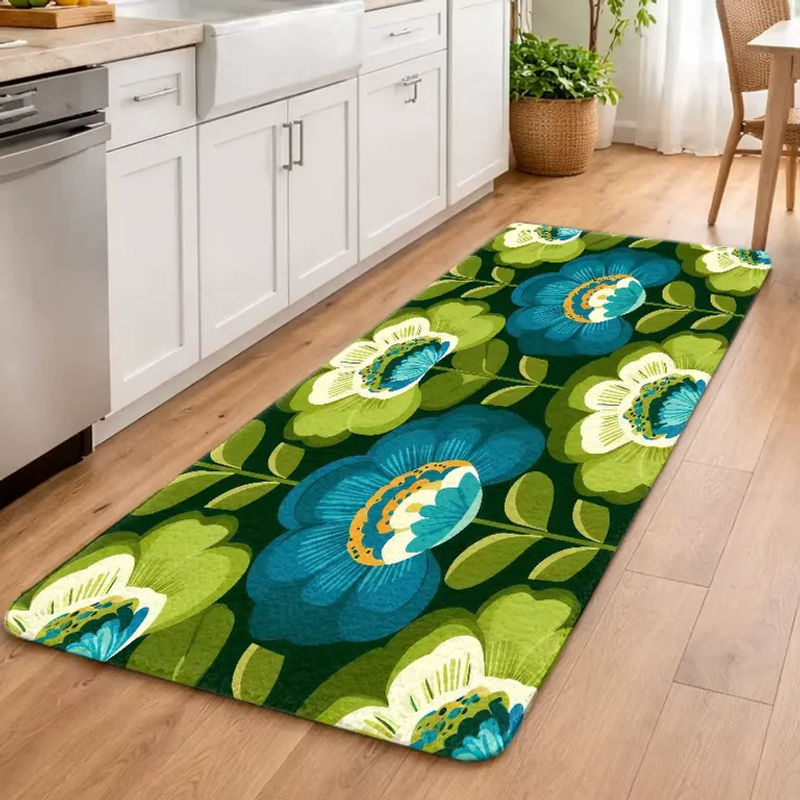 VIKAMA Boho Blumen-Teppich, rutschfester und waschbarer Vintage-Bodenteppich in Grün-Blau für Wohnzimmer und Schlafzimmer - Bild 5
